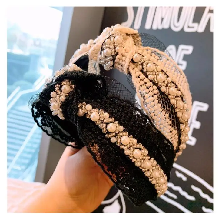 

women Lace mesh beaded wide-side hairbands non-slip simple headbands wide-brimmed