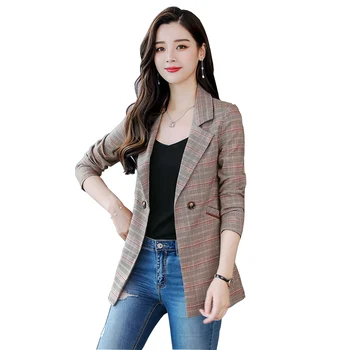 

FANMUER 2020 women plaid notched collar tweed blazer double breasted pockets tassel hem female loose casual outwear chic tops