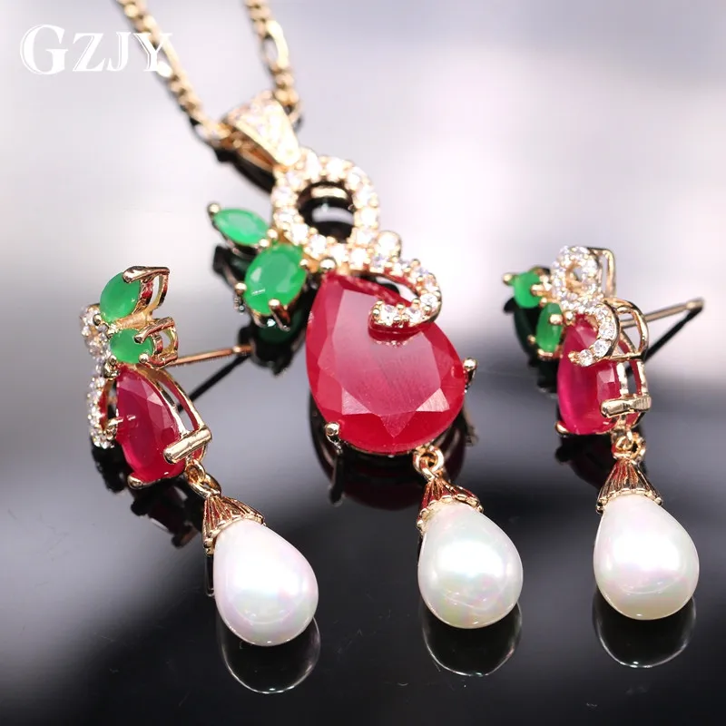 

GZJY Exquisite Jewelry Set Gold Color Green Red Zircon Pearl Pendant Necklace Earrings Set For Women