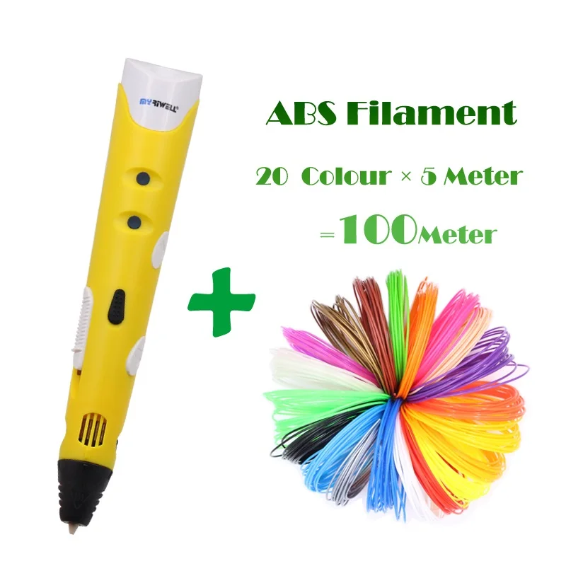 Оригинальные ручки Myriwell с 3D печатью 1,75 мм ABS умные 3d ручки для рисования+ нить+ Прозрачная мягкая доска для рисования из поликарбоната 5 бесплатных подарков - Цвет: Yellow  5M  20Colors