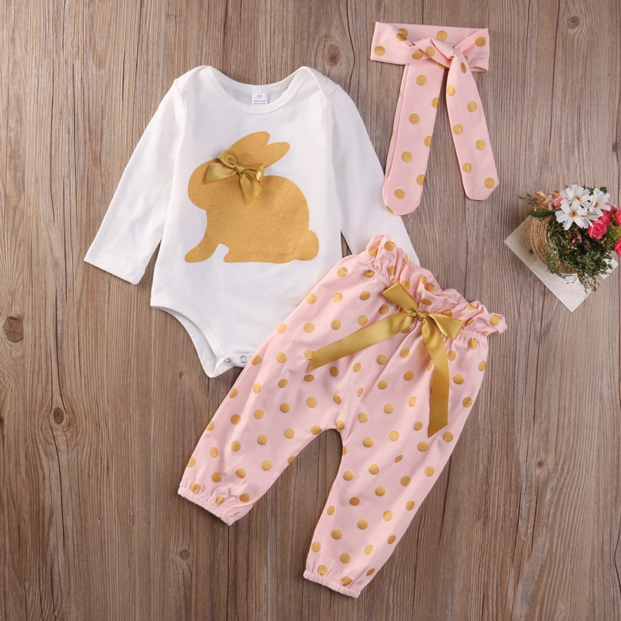 Милая Одежда для новорожденных девочек; комплект из 3 предметов для малышей; Bebes; комбинезон с кроликом; боди; брюки в Золотой горошек; головной убор; Bebek Giyim; одежда для детей