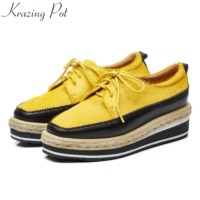 

Krazing Pot new horsehair square toe streetwear solid color lace up comfortable straw sole preppy stye wedges casual shoes L3fb