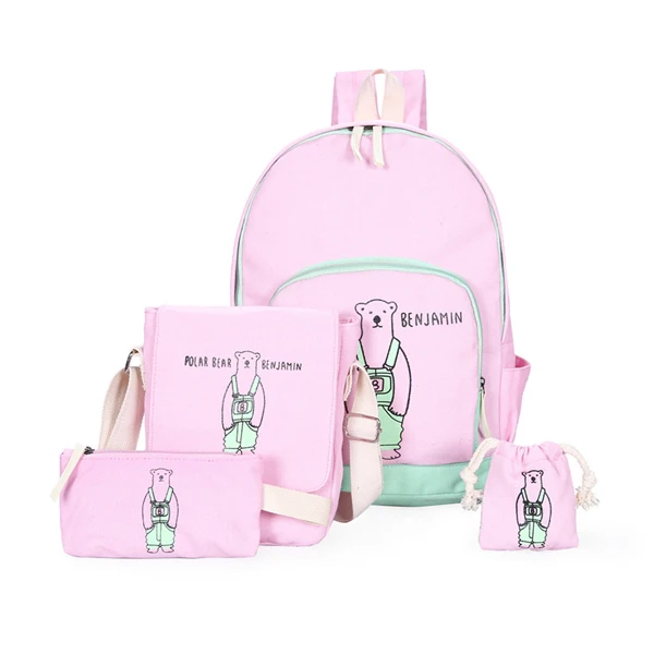 Pink Annmouler, модный рюкзак для женщин, 4 шт., холщовый рюкзак с мультяшным принтом, сумка для ноутбука, большая емкость, рюкзак для девочек, школьные сумки - Цвет: Pink