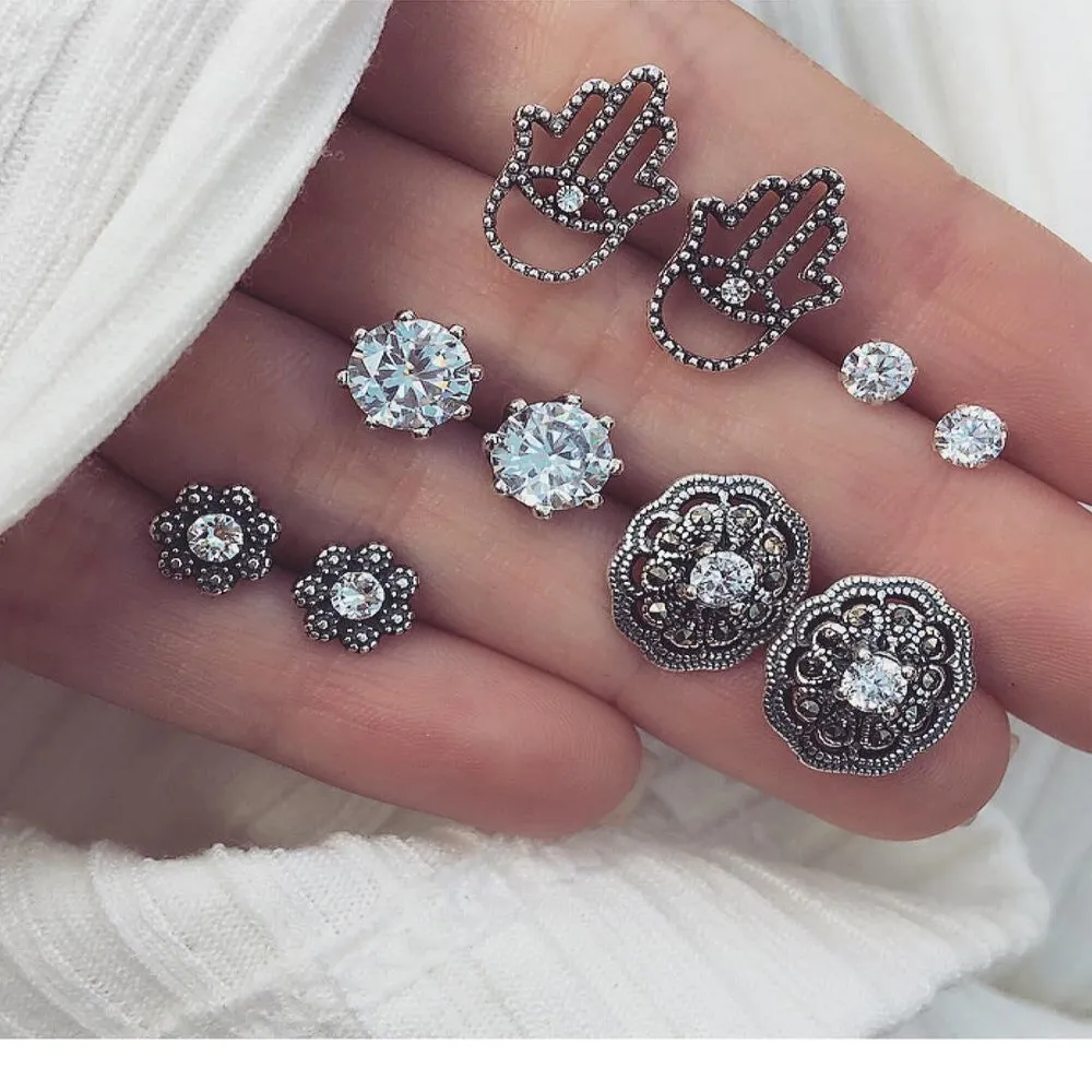 

5Pairs /Set Boho Hand Vintage Silver Earrings Set Women Punk Stud Earrings Set Personality Party Clothing Jewelry Accessories