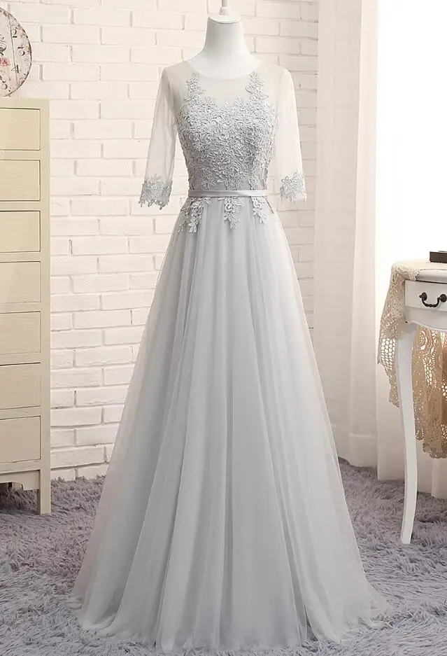 Robe de soiree, с глубоким вырезом, на шнуровке, прозрачное, кружевное, с вышивкой, ТРАПЕЦИЕВИДНОЕ, длинное, вечернее платье, vestido de festa, вечерние платья для выпускного вечера - Цвет: Grey long