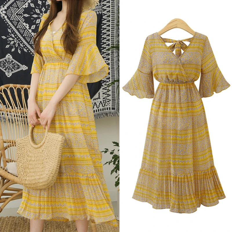 

vintage floral print wrap dress V neck bow tie sashes short sleeve female streetwear chic mid calf dresses vestidos