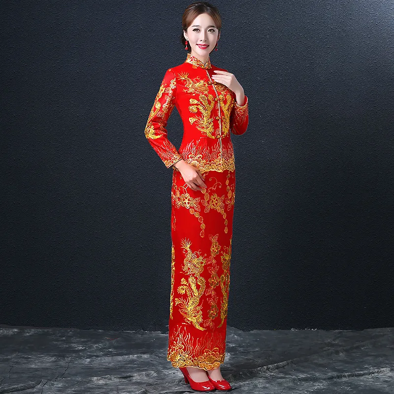 Dragon Phoenix Cheongsam Dress Women Red Lace Cheongsams Sequins ...
