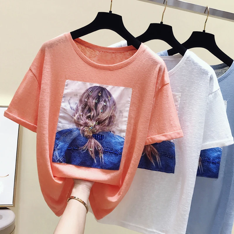 

GGRIGHT Tee Shirt Femme Tshirt With Sequins T Shirt Women Summer Tops Casual T-Shirt Short Sleeve Camisetas Mujer Verano 2019