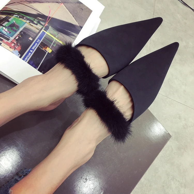 

Women Solid Otter Fur Mules Pointed Toe Slippers Slip On Slides Sandals Slipony Loafers Flat Heel Shoes