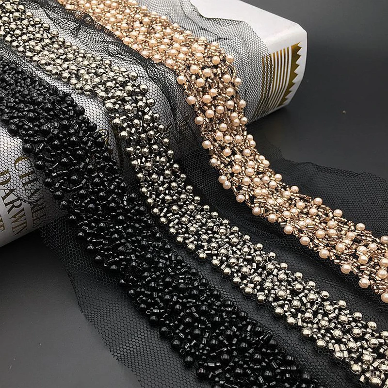 

2Yards White Black Grey Pearl Beaded Lace Trim Collar Ribbons African Lace Sewing Materials Crafts For Clothes Wedding Dress