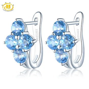 

Hutang Natural Blue Topaz Hoop Earrings Gemstone 925 Sterling Silver English Lock Fine Elegant Jewelry for Women's Best Gift New