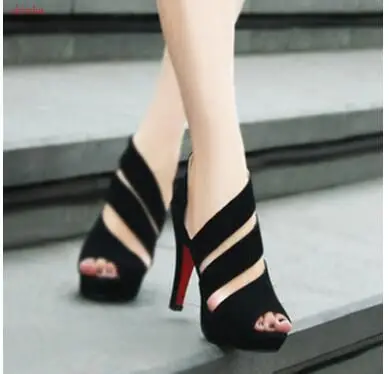 

New Female sexy fish mouth shoes Women Line Style Buckle Thin High Heels Black Faux Suede Open Toe Dress Sandals
