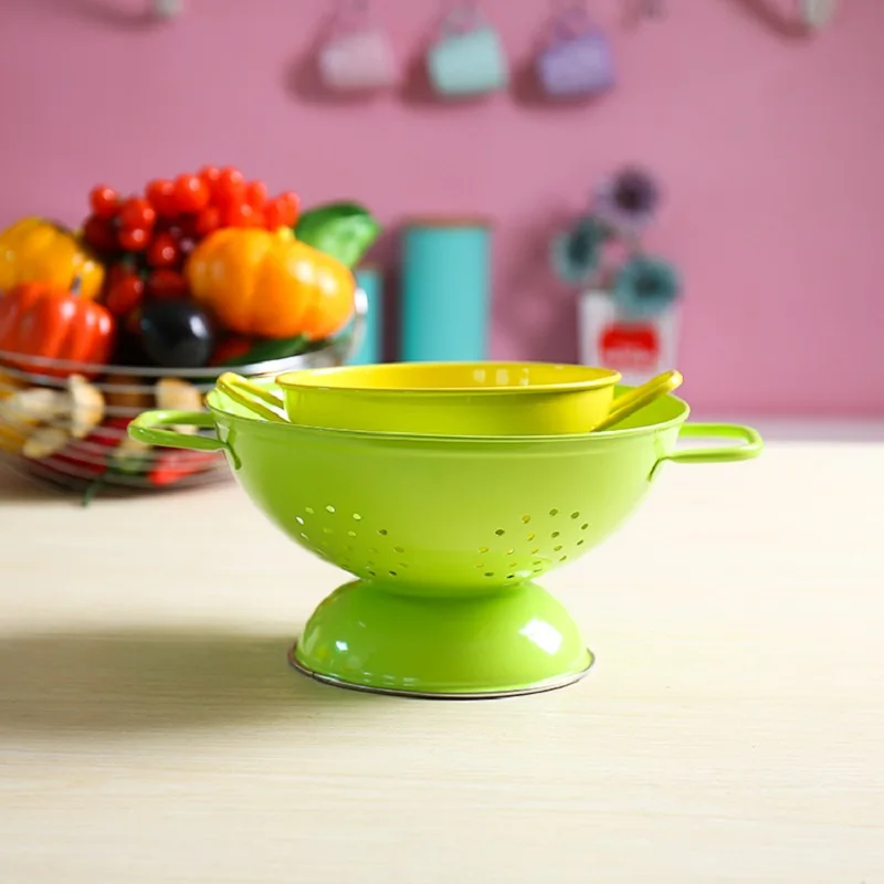 

2Pcs/Set Iron Candy-colored Drain Basket Fruit Vegetable Kitchen Basket Storage Tank Multi-function Household Thicken Hi-quality