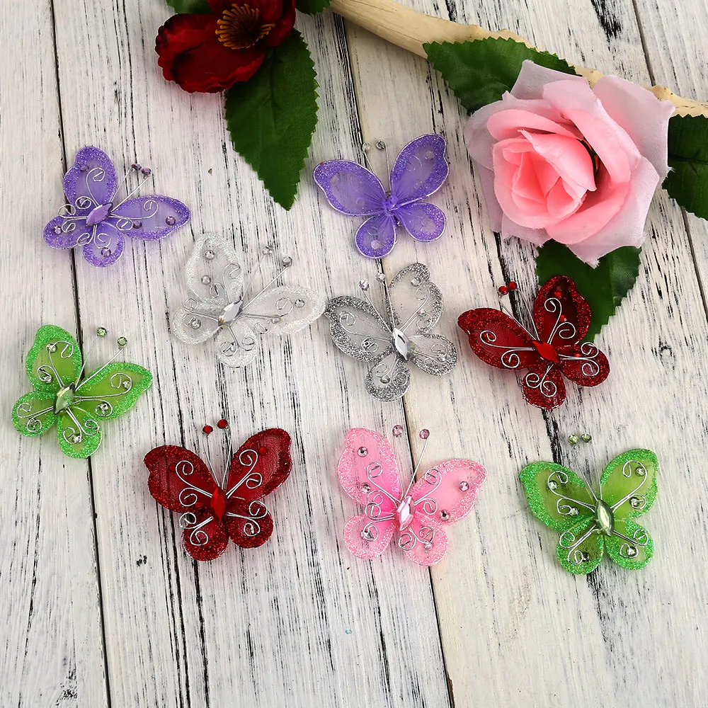 

10pcs Multicolored Organza Wire Rhinestone Butterfly Glitter Wire Butterflies For Craft Party Wedding Decorations 5 x 5.5 cm