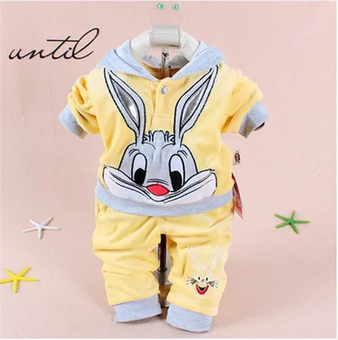 Spring And Autumn Season Rabbit Cashmere Suit Fashion Cute Boy Girl Cartoon Hat Casual Cotton Piece Suit. Baby Clothes - Цвет: Yellow