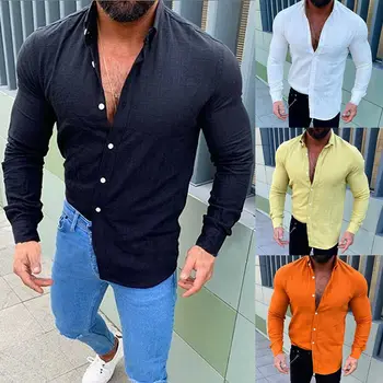 

Men Summer Linen Slim Fit Long Sleeve V Neck Shirt Casual Shirts Plain Color Single Breasted Tops Streetwear