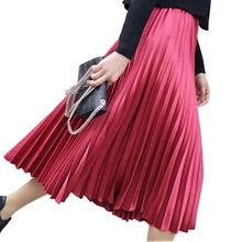 Новинка, плиссированная Женская юбка с высокой талией, весна-лето, одноцветная, эластичная талия, металлический сатин, гармошка, длинные юбки для женщин, 2811