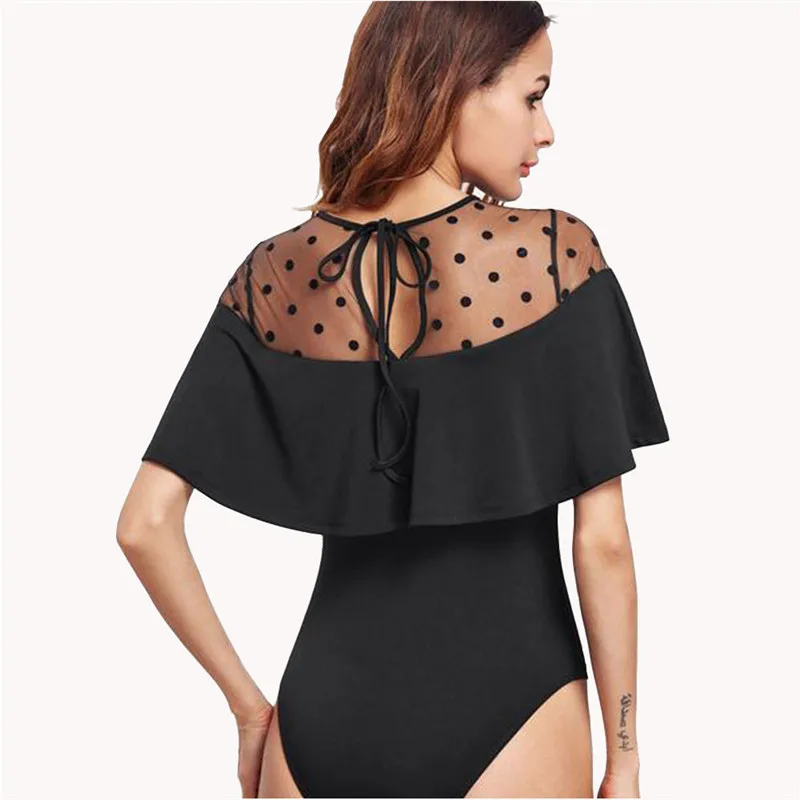 Боди женское Сетчатое с оборками и коротким рукавом в горошек|top bodysuit|black bodysuitbodysuit