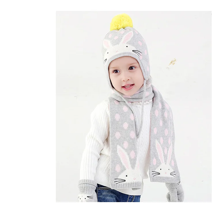 Зимняя детская шапка, шарф, варежки, модные вязаные шапки с кроликом для маленьких детей, шарфы, теплые перчатки для мальчиков и девочек