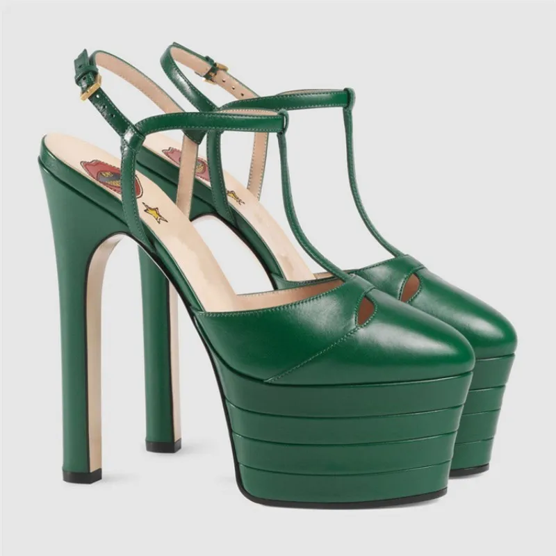 Подиумные босоножки из натуральной кожи с ремешком на лодыжке на высоком каблуке летние женские босоножки на платформе женская обувь на тонком каблуке с закрытым носком 34-43 - Цвет: dark green