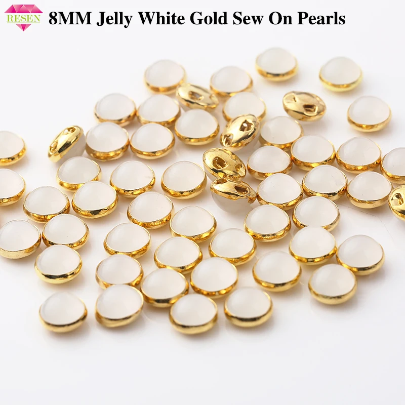

RESEN 8mm 100&200pcs Gold/Sliver Claw Sew On Pearls Acrylic White Color Flatback Round Pearl Button Sew On Rhinestones For Dress