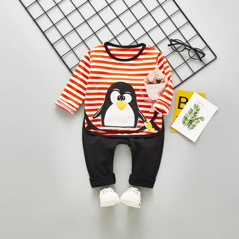 

2018 Baby Boy Girls Clothing Sets Spring Autumn Leisure Fashion Cartoon Lovely Penguin Shirt+pants Two-Piece Kids Clothes Suit