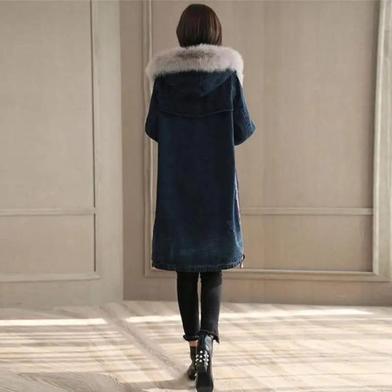 Harajuku Women Denim Parka Feminino 2018 New Winter Warm Wool Liner Winter Jacket Ladies Meidum Long Hooded Faux Fur Collar Coat Harajuku Women Denim Parka Feminino 2018 New Winter Warm Wool Liner Winter Jacket Ladies Meidum Long Hooded Faux Fur Collar Coat