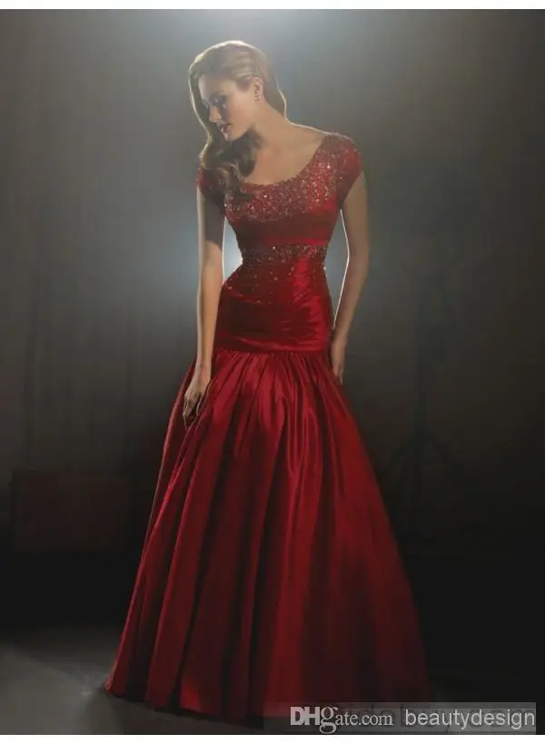 Noble wine red satin mermaid prom dresses sequins beaded lace-up back cap sleeves bateau floor length gorgeous formal evening gowns 114610