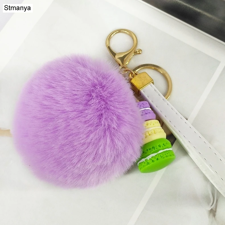 

Cartoon Macaron Pendant Keychain Faux Fur Pom Pom Key Chain Imitation Rex Rabbit hair Ball Car Key Holder Bag Accessories K1666