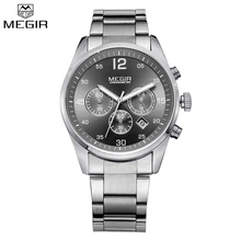 MEGIR Brand Men Chronograph Multifunction Military Watch Function Silver Color Full Steel Luxury Watches Army Watch