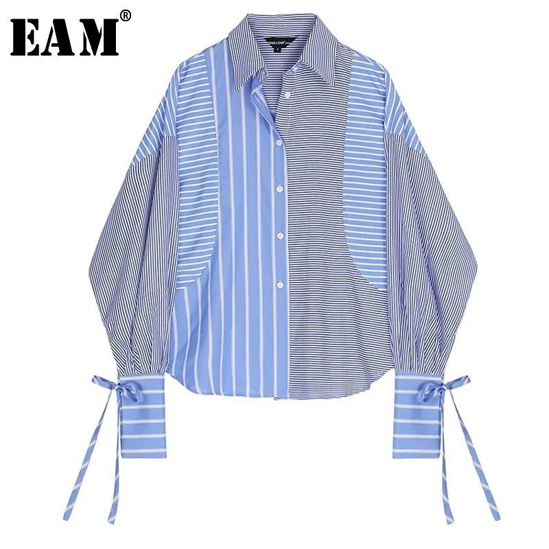 

[EAM]2019 New Autumn Winter Lapel Long Sleeve Blue Striped Printed Stitch Bandage Bow Big Size Shirt Women Blouse Fashion JO329