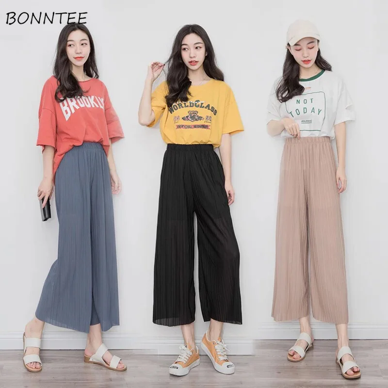 

Брюки женские с эластичной завышенной талией, однотонные плиссированные свободные штаны до щиколотки с широкими штанинами, повседневные универсальные модные в Корейском стиле для отдыха