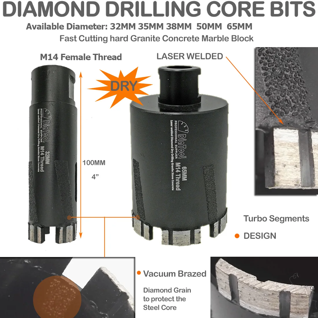 DIATOOL 1pc Laser Welded Diamond Dry Drilling Core Bits M14 Connection Drill Bits For Drilling Hard Granite Marble Hole Saw