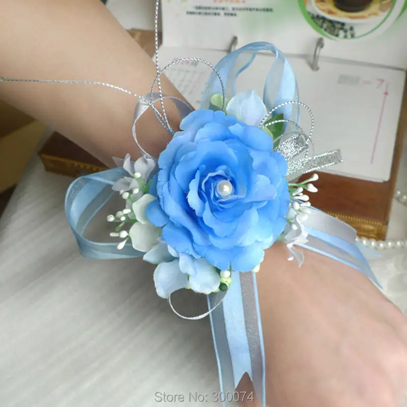Dark blue wrist corsage