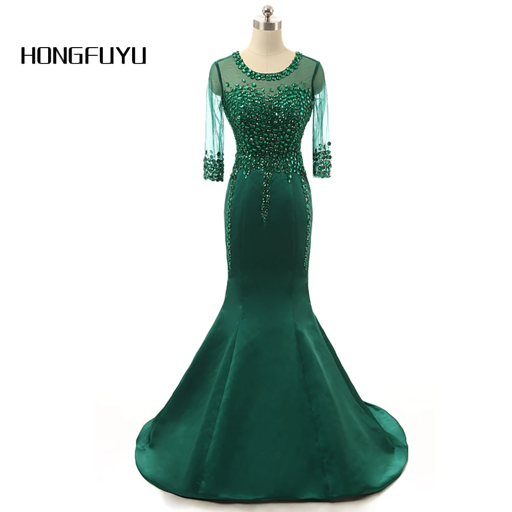 

Fashion Satin Beading O-Neck Half Sleeves Long Evening Dresses 2019 Mermaid Vestido De Festa Floor Length Evening Dresses