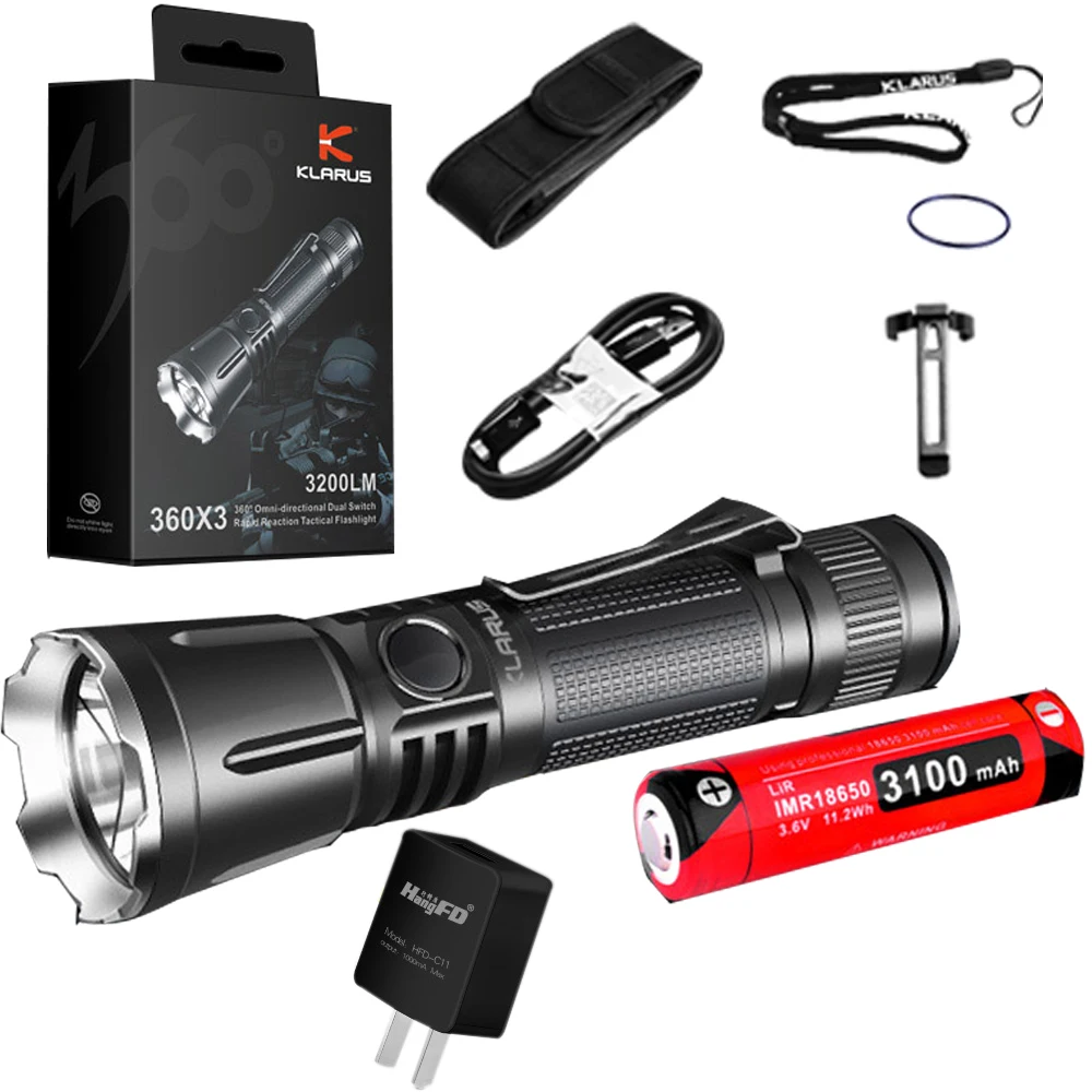 

Klarus 360X3 360 degrees Tactical Flashlight CREE XHP70.2 max 3200 lumen throw 283 meter Micro-USB Charging Port outdoor torch