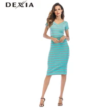 DEXIA Summer Striped Dress Vestidos De Fiesta Cortos 2018 Short Sleeve Party A-Line Sexy V-Neck New Knee-Length Dress SKSQ9172