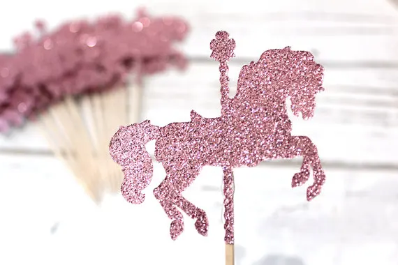 Glitter Carousel Horse Gold Cupcake Toppers Magic Party Decor