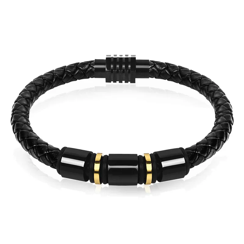 

Xionghang Punk Leather Bracelets Black Gold Stainless Steel Beads Charm Bracelets for Men Fashion Jewelry Best Christmas Gifts