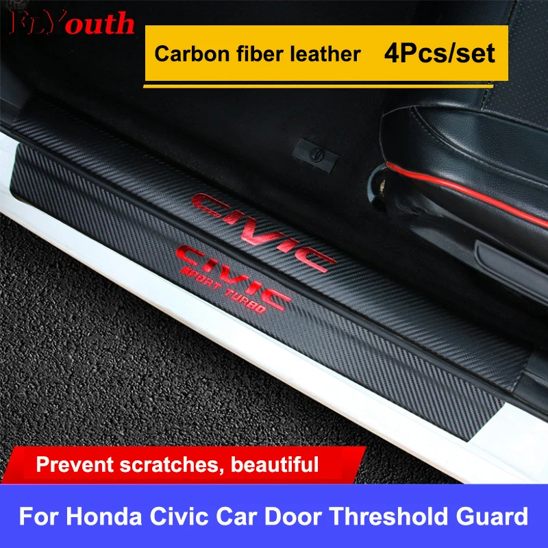 

4PCs Door Threshold Guard For Honda Civic Car Door Sill Scuff Plate Protector Carbon Fiber PU Leather Sticker Car Accessories