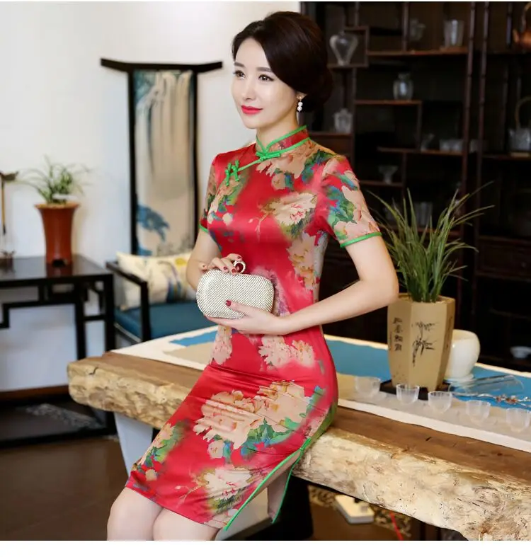 Short Style Women S Mini Cheongsam Traditional Chinese Silk Satin Qipao Dress Vestido Size S M L