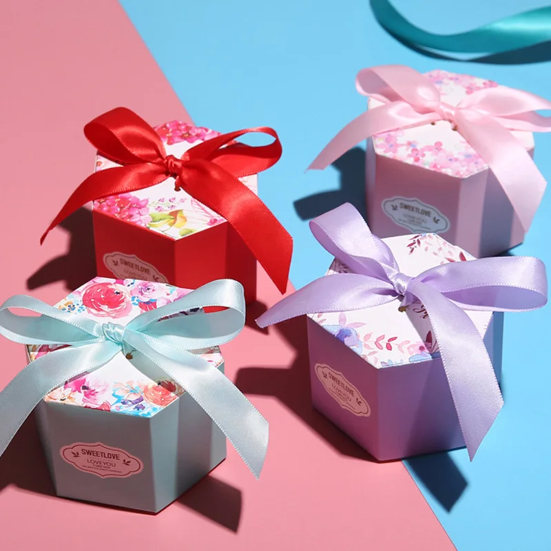 

10pcs/lot 7x7x5.5cm Christmas hexagon colorful candy box chocolate sweets wedding sweet birthday party holiday products