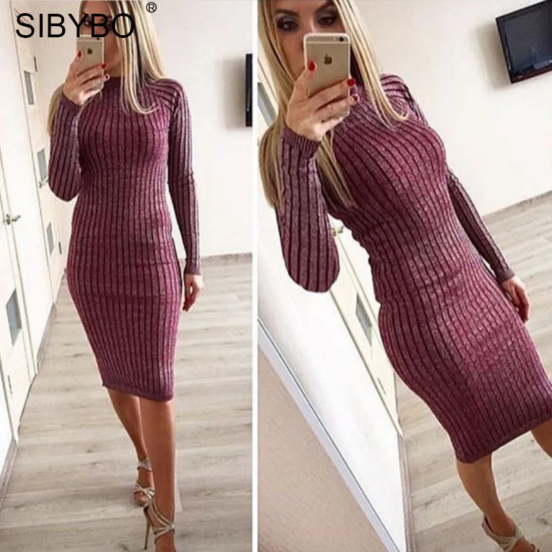 Sibybo вязаный свитер платье для женщин миди Bodycon Vestido осень зима 2018 O средства ухода