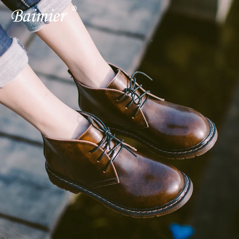 

Baimier British Genuine Leather Ankle Boots For Women Retro Lace Up Women Boots Round Toe Platform Warm Plush Women Winter Boots