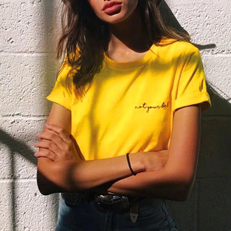 

Fashion Women Summer Top Short Sleeve Tee Shirt Femme Elegant Ladies Unique Letter Print Cotton Yellow Tshirt Harajuku T Shirt