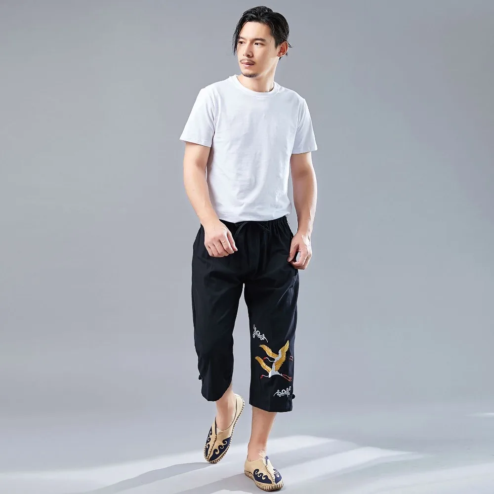 LZJN Men’s Summer 34 Pants Casual Cotton Linen Elastic Waistband Wide Leg Capri Short Bermuda Embroidery Beach Playa Hombre (15)