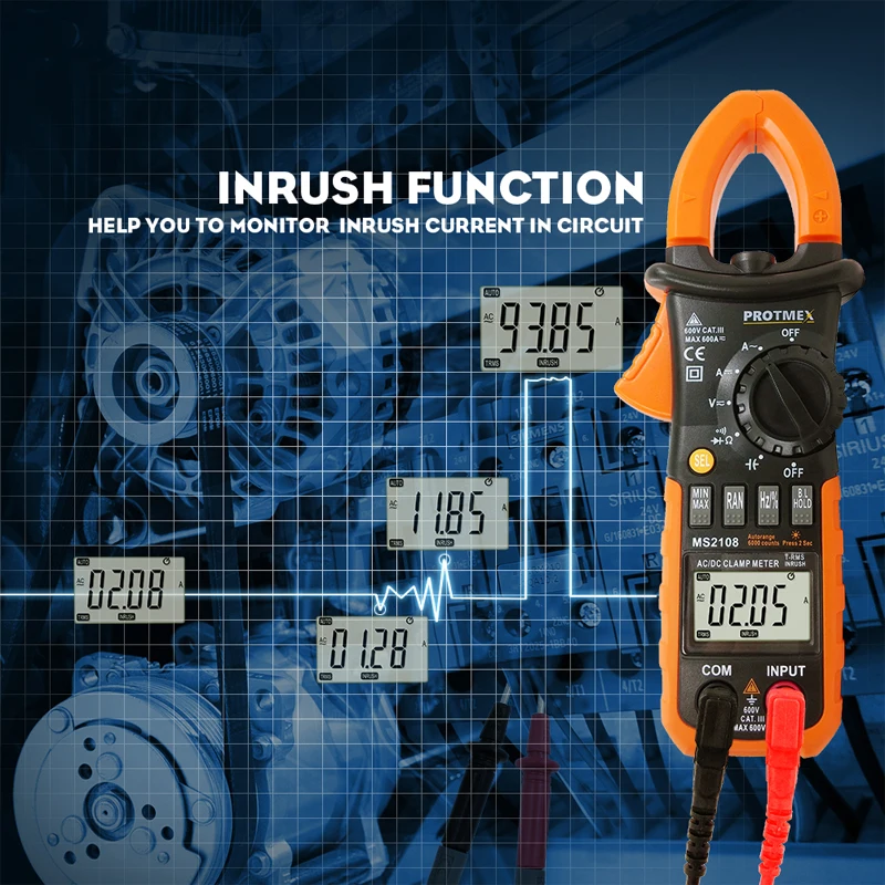 MS2108 6000 отсчетов T-RMS AC/DC токовые клещи пусковой Амперметр Вольтметр capacitorohmmeter Тестер LCD подсветка Электрический тестер