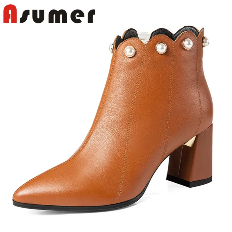 

ASUMER HOT SALE 2018 elegant pearl ankle boots for women pointed toe high heels boots winter zip shallow genuine leather boots