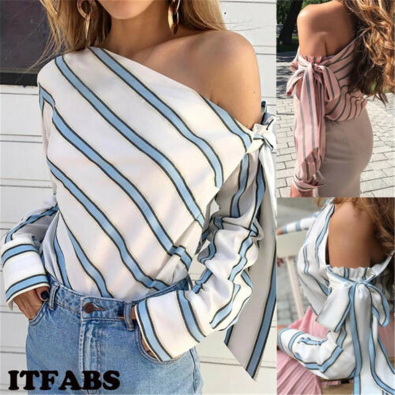 

2019 Fashion Cold Shoulder Striped Blouse Shirt Long Sleeve Women Tops Asymmetrical Neck Womens Blouses