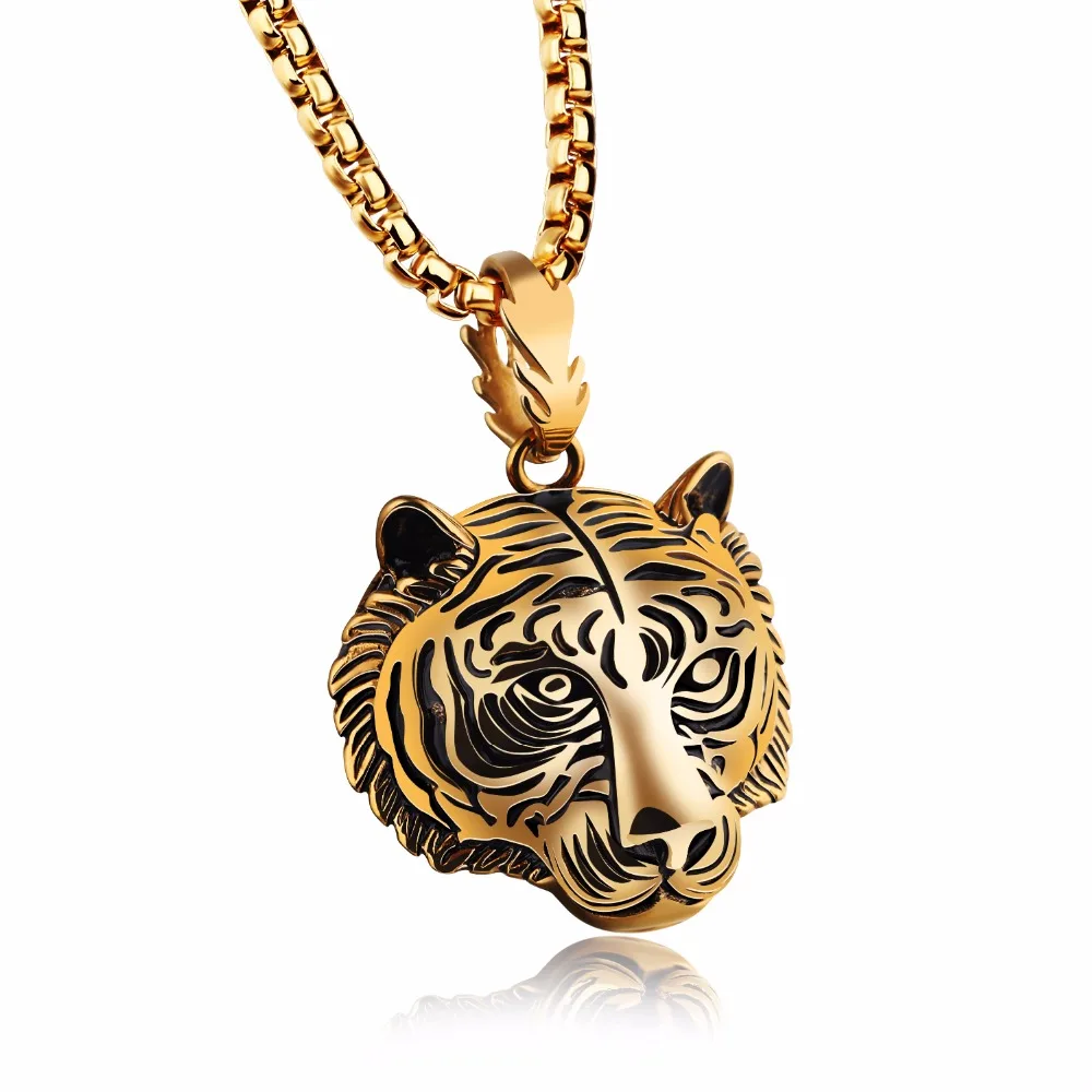 TRAYOKIN Punk Tiger Pendant Necklaces For Men Stainless Steel Box Link Chain 3 Colors Personality Jewelry | Украшения и